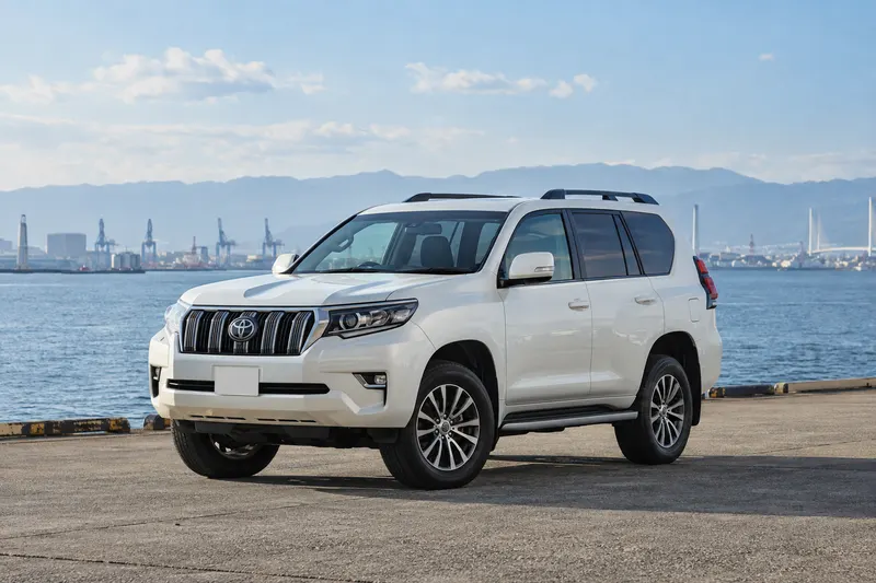 White Japanese SUV beside a quiet Japanese port, illustrative image